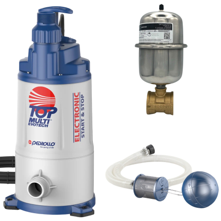 Pedrollo TOP-MULTI-EVOTECH-4 Komplettset – Automatische Tauchpumpe mit schwimmender Entnahme & 1 l Edelstahl-Ausdehnungsgefäß