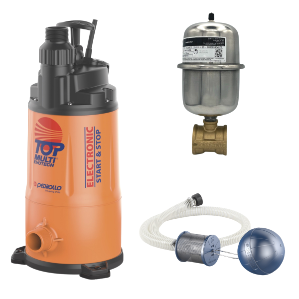 Pedrollo TOP-MULTI-EVOTECH-4 Komplettset – Automatische Tauchpumpe mit schwimmender Entnahme & 1 l Edelstahl-Ausdehnungsgefäß