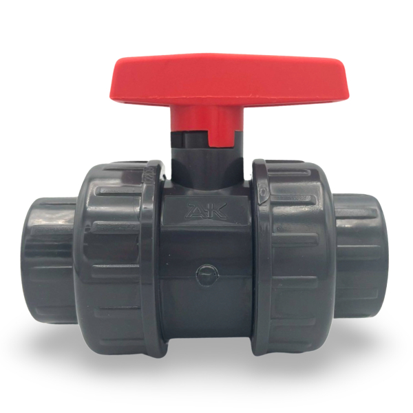 PVC Kugelhahn mit zwei Verschraubungen und gesicherter Kugel, Typ Safe 600, klebemuffe x klebemuffe