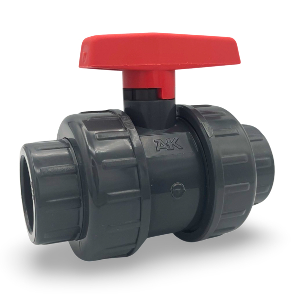 PVC Kugelhahn mit zwei Verschraubungen und gesicherter Kugel, Typ Safe 600, klebemuffe x klebemuffe