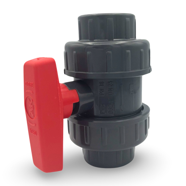 PVC Kugelhahn mit zwei Verschraubungen und gesicherter Kugel, Typ Safe 600, klebemuffe x klebemuffe